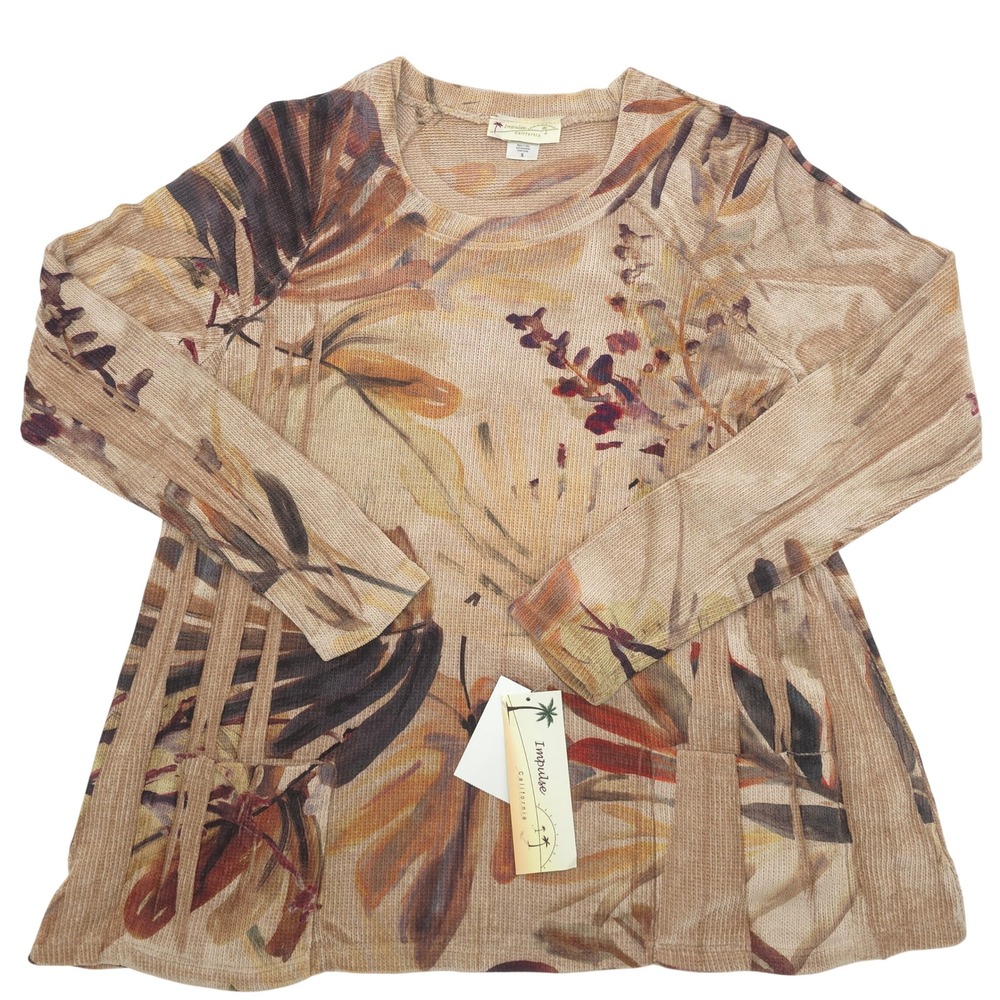 NWT Impulse California Botanical Palm Leaf Knit Sweater Top Pockets Size Small